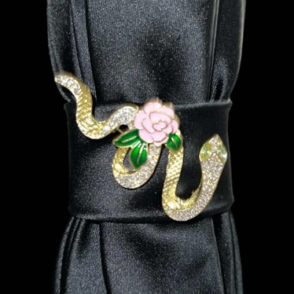 “Dainty Dapper”  Black necktie Necklace with Gold and Pink Accent serpent pin.